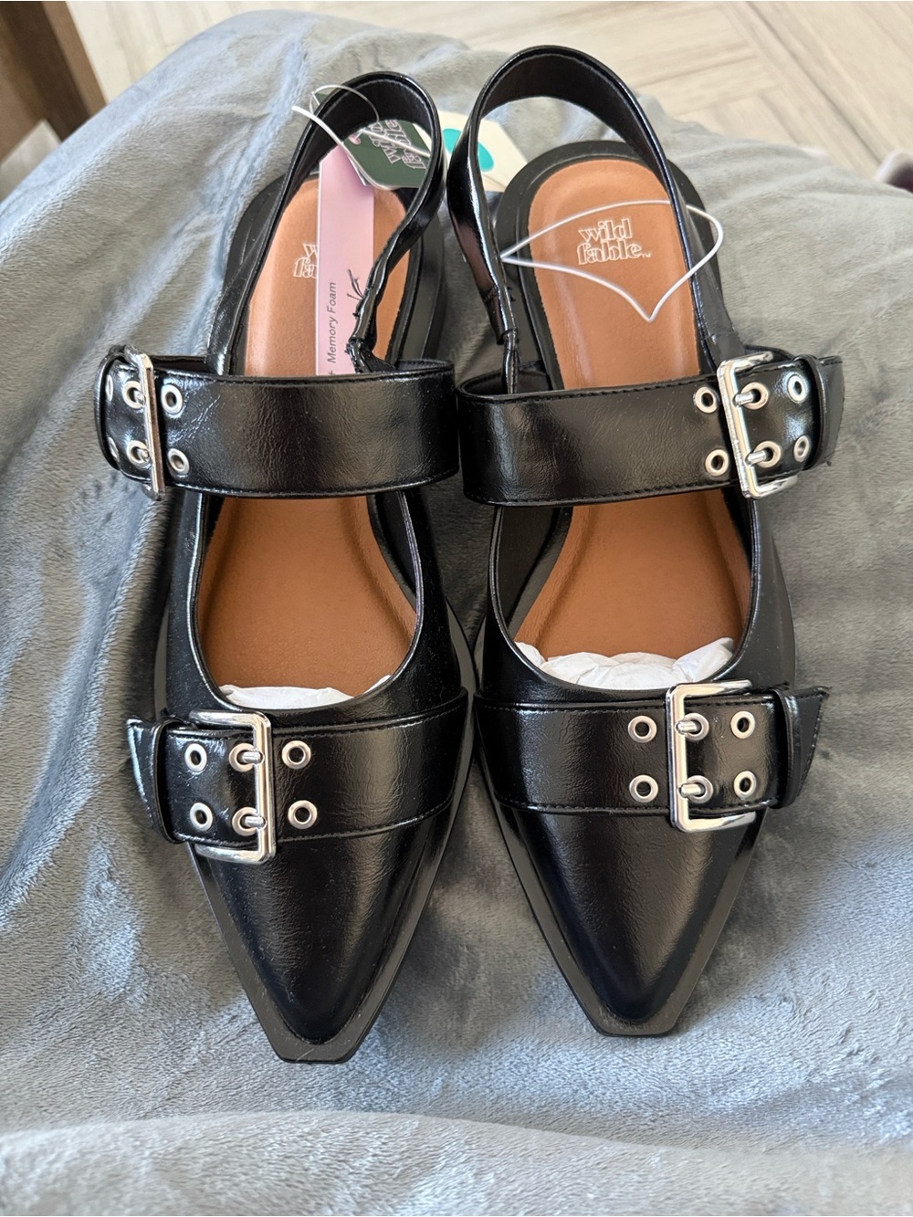 wild fable Black Pointed Buckle Slingback Flats with Silver Hardware